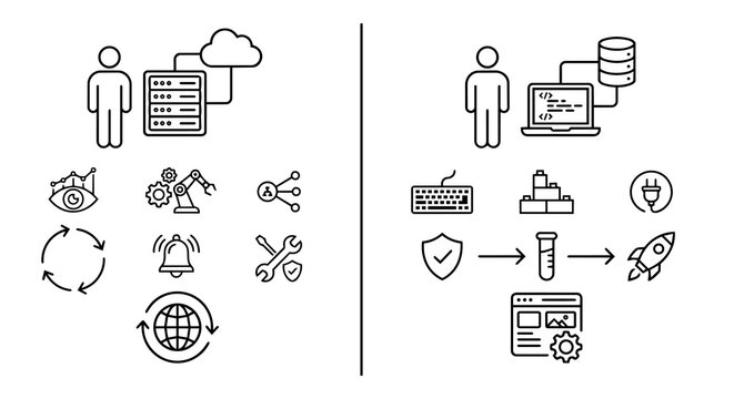 DevOps infrastructure and software development lifecycle line icon set. IT operations administrator and programmer with cloud server, CI CD pipeline, automation, and deployment vector illustration