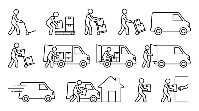 Courier delivery service, logistics workflow, and cargo van shipping line icon set. Package loading, fast transport, and last mile home delivery steps vector illustration.