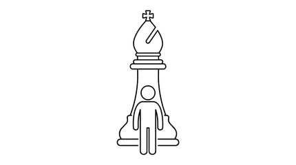 Fototapeta premium Chess bishop and stick figure line art vector icon. Business strategy concept with standing man and chess piece, corporate leadership, strategic career planning illustration.