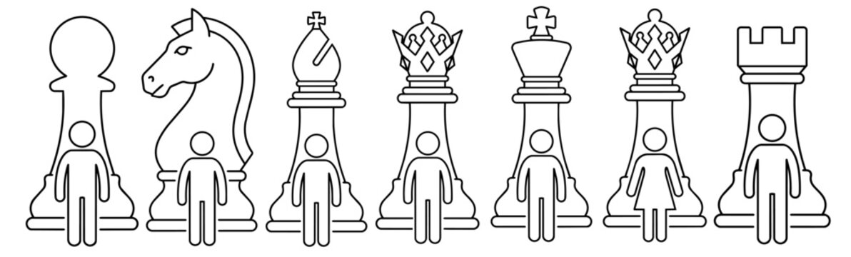 Business team roles and chess pieces strategy concept line icon set