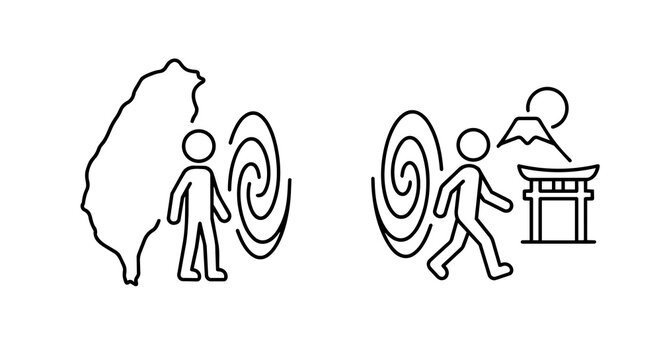 Travel from Taiwan to Japan through teleport portal concept line icon