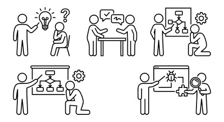 Fototapeta premium Business workflow, debugging solution and logic training line icon set