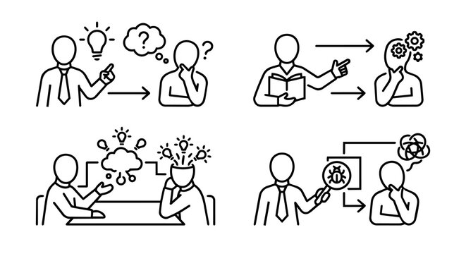 Mentorship, debugging, cloud brainstorming and problem solving line icon set