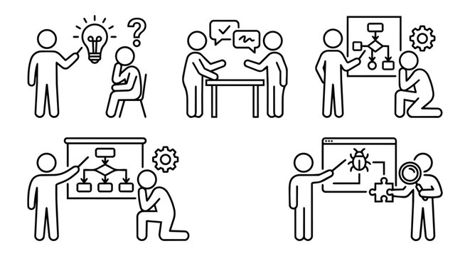 Business workflow, debugging solution and logic training line icon set