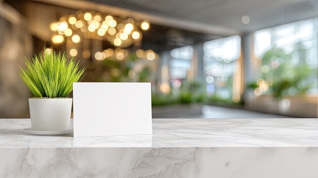 Small green plant in white pot on marble counter with blank card