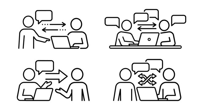 Business teamwork, people communication and laptop training line icon set