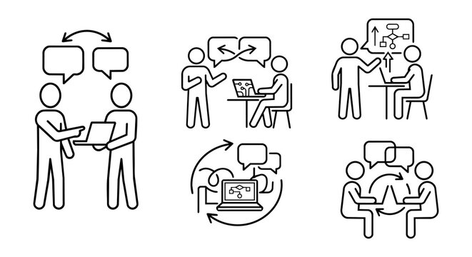 Agile development, DevOps workflow, coding training and team communication line icon set