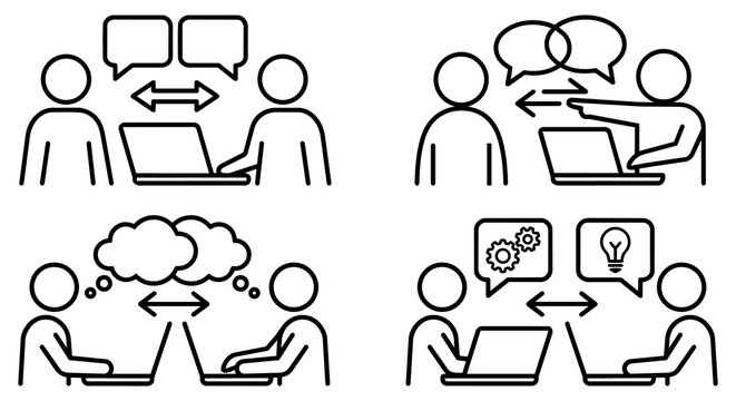 Business teamwork, project communication and laptop workflow line icon set