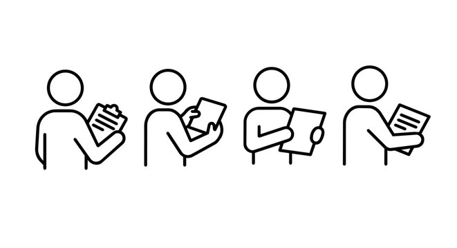 Business people holding document, clipboard, and paper report line icon set. Auditor, office worker, or student reviewing checklist and summary vector illustration.