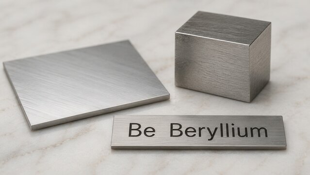 Collection of metal shapes with engraved text and labels on a light marble surface