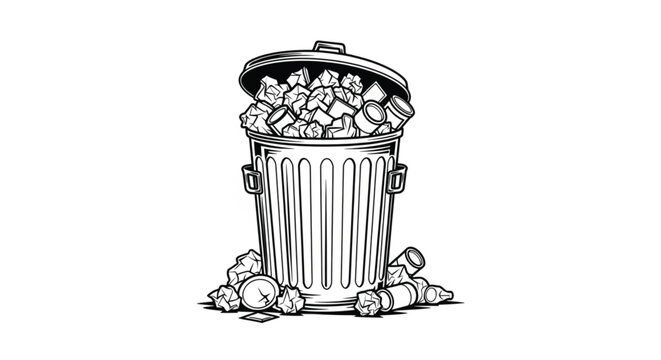Black and white trash can overflowing.