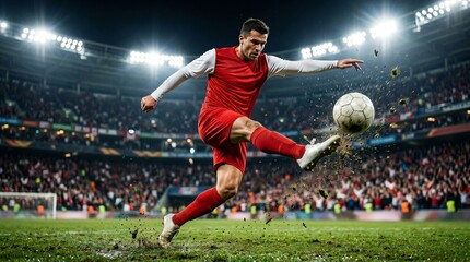 Naklejka premium Soccer player in Red jersey kicking ball on stadium pitch at night