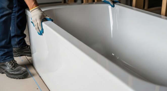 Installation process of white bathtub being carried by worker in protective gloves, showcasing handling and positioning. Bathtub installation includes careful lifting techniques for safe placement.
