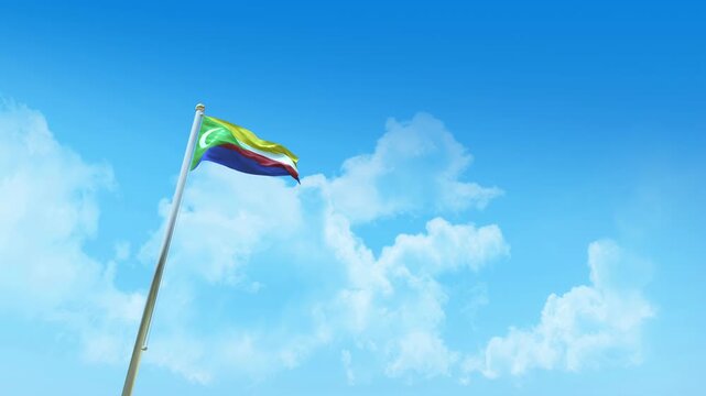 Comoros Flag 3D Render Animation on Pole with Blue Sky and Clouds - Low Angle View
