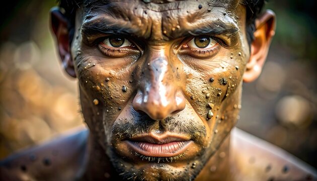 Close-up of man with muddy face.