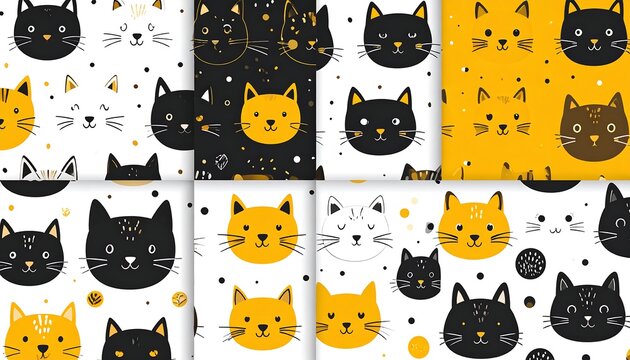Assorted patterns featuring cartoon cat faces in multiple color schemes