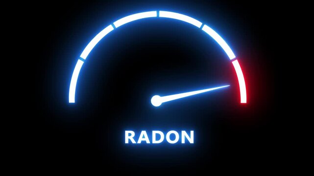 Radon gas level gauge indicator with glowing neon needle rising to danger zone meter