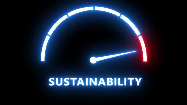 Sustainability gauge concept: neon speedometer animation representing eco-friendly progress and environmental goals