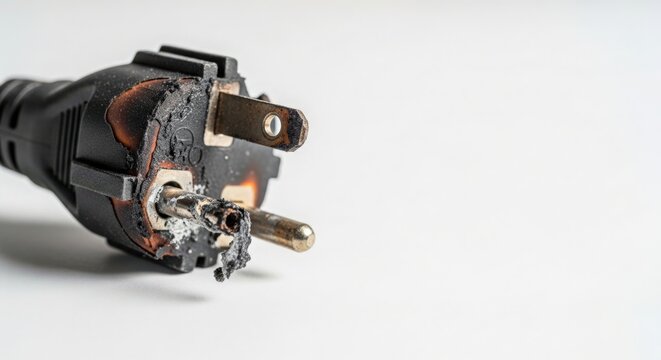 Close-up view of damaged electrical plug showing wires and contacts, exposing broken components and wear.