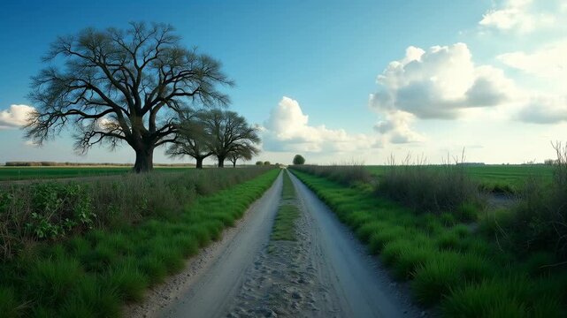 Scenic dirt road lined with tall grass and leafless trees under a bright blue sky with fluffy clouds, showcasing a tranquil rural landscape in the countryside