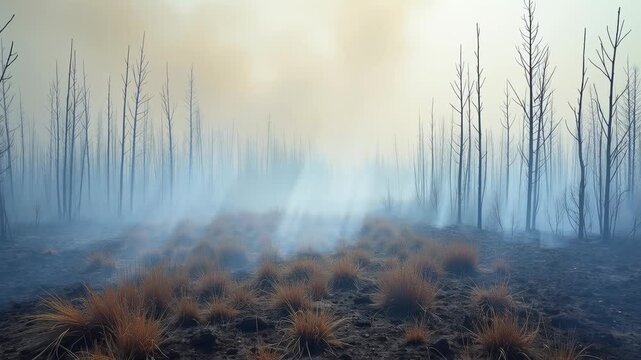 Burnt landscape with dry grass and charred trees under a smoky sky, showcasing the aftermath of a wildfire in a desolate, misty environment