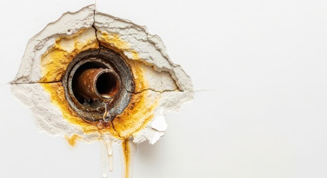 Rusty pipe leaking water through damaged wall. Water damage from rusty pipe creates a clear leak on white wall surface. Concept of renovation and repair for homeowners.