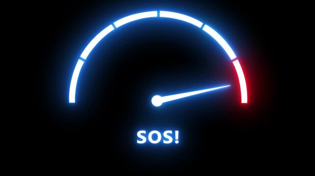 Neon sos emergency gauge animation: danger level indicator and critical alert motion warning