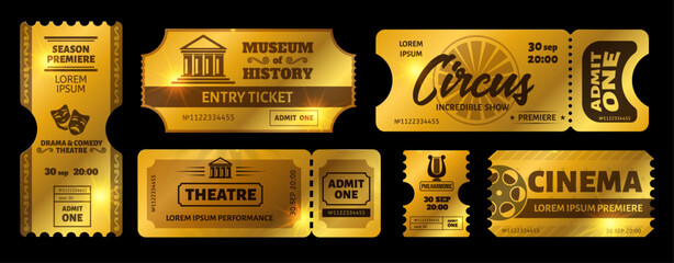 Set of golden vintage tickets for cinema, theater, circus and concert © Sharif