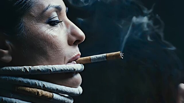 Woman smoking a cigarette with thick paper wraps bound around her neck. Close-up profile illustrating the suffocating nature of nicotine addiction. Anti-smoking social awareness concept for health.