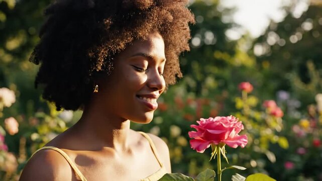 Woman with natural afro hairstyle gently smelling a pink rose in a lush garden