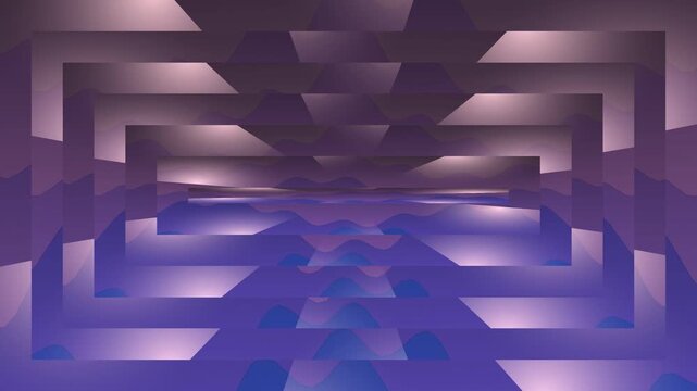 A vibrant purple maze stretches out in a futuristic geometric pattern indoors.