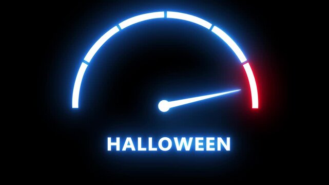 Neon halloween speedometer gauge animation, glowing countdown timer for holiday events and party promotions