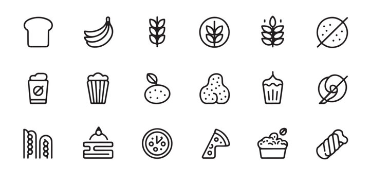 Set of food and bakery line icons featuring bread, fruit, and snacks