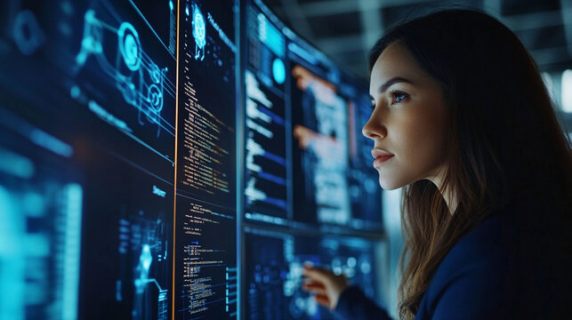 Close-up of female artificial intelligence engineer working with code and data visualization on multiple monitors, modern tech office, innovation concept, realistic stock photograp