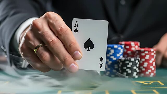 Hand holding an ace of spades over a poker table with chips. Gambler revealing a card in a smoky casino atmosphere. High stakes competition concept for betting and gaming ads.