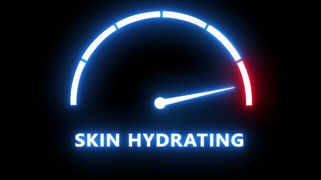 Skin hydration level gauge animation, glowing neon speedometer measuring moisture levels for beauty and skincare marketing
