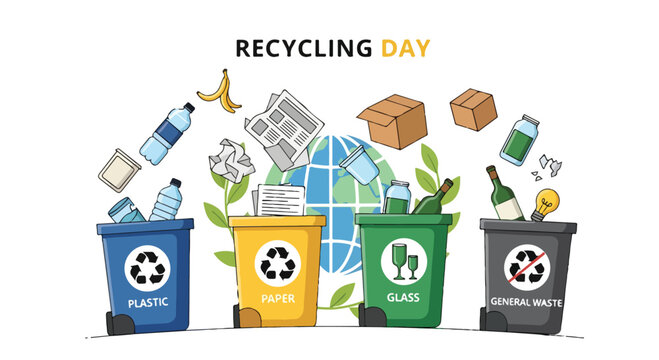 Colorful recycling bins with labeled waste types