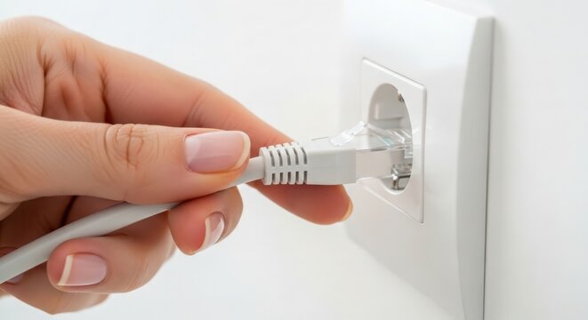 Hand plugging in ethernet cable into wall socket with modern design and clean aesthetic. Ethernet connection setup is crucial for home office, ensuring smooth internet access.
