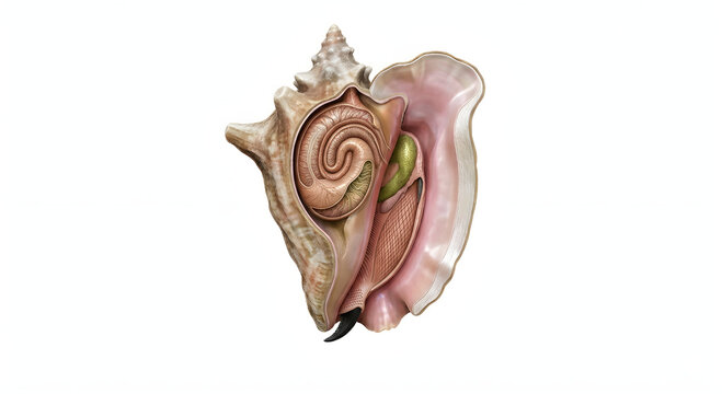 3D render of a detailed Caribbean pink conch seashell isolated on white background, tropical marine life ocean gastropod specimen