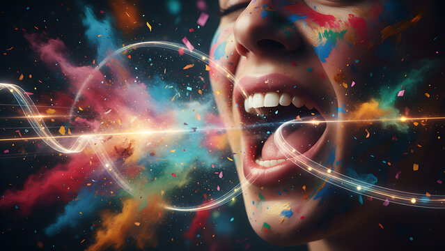 Abstract artistic depiction of an expressive vocalization featuring an open mouth surrounded by a vivid explosion of dynamic polychromatic colors and splashing creative energy textures.