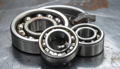 Obraz premium Close-up shot showcases three shiny, circular metal components filled with small ball bearings, resting on a textured, grey surface