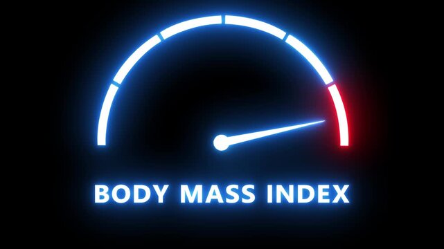 Body mass index bmi gauge animation with neon glowing indicator moving across scale weight loss health