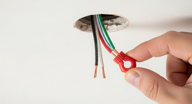 Electric wiring installation with colorful wires in wall socket, hand holding wire connector for electrical connections. Electric wiring setup with safety measures for home improvement projects.
