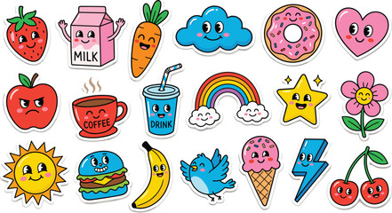 Fototapeta premium Retro Groovy Sticker Vector Collection Featuring Cute Cartoon Food Characters Rainbow Sun Heart and Whimsical 90s Style Pop Culture Graphic Elements