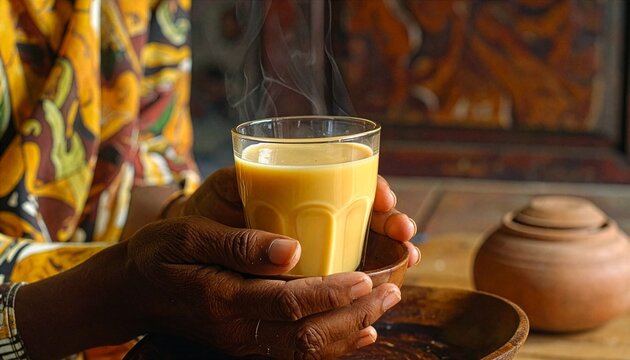 Part of Nusantara Harvest, Hands holding steaming glass of traditional turmeric herbal drink jamu