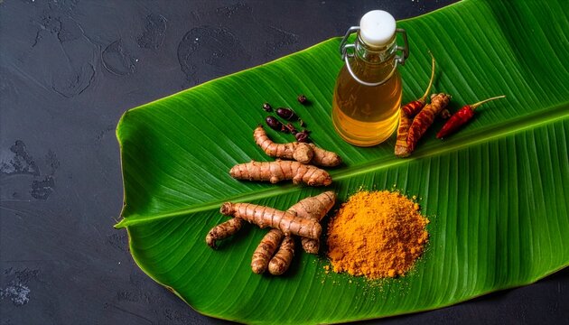 Part of Nusantara Harvest, Turmeric root powder and tamarind on banana leaf with herbal oil