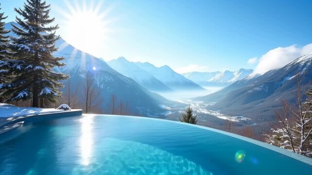 Scenic winter landscape featuring a serene infinity pool overlooking snow-capped mountains and a bright sun shining in a clear blue sky