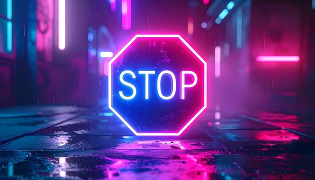Neon Stop Sign in Dark Alleyway.