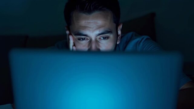 Male individual with dark hair and light skin gazes intently at a laptop screen in a dimly lit room, showing progressive focus and engagement with the digital content