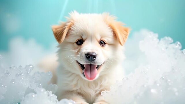 Fluffy white puppy with light brown ears playfully poses in a bubble bath, surrounded by foam and a soft blue background, showcasing its joyful expression and fluffy fur